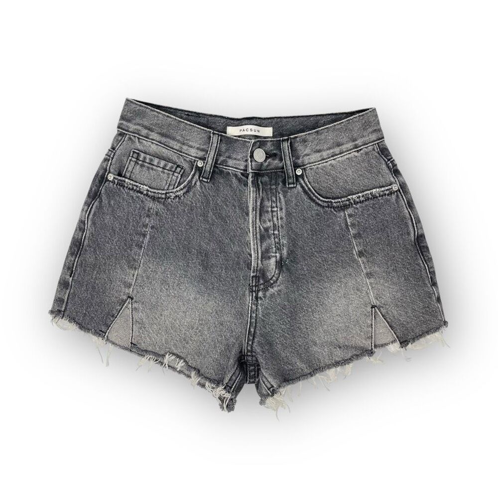 PacSun Vintage High Rise Denim Jean Shortie Shorts Slit Gray Distressed Size 24